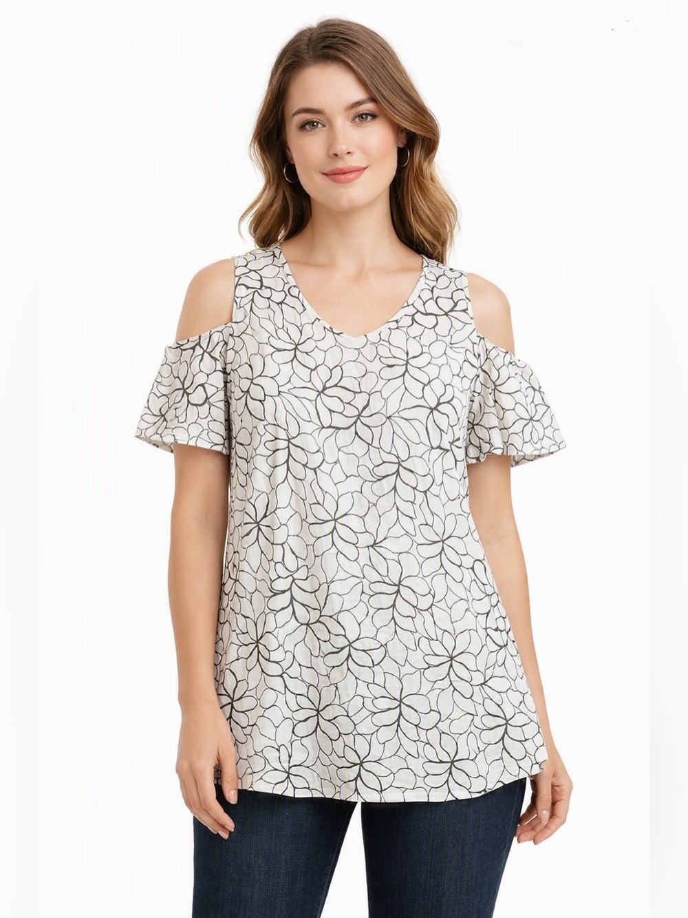 Alfani Womens Lace Blouse with Cold Shoulder Sleeves in Ivory/Black Lace Sz S